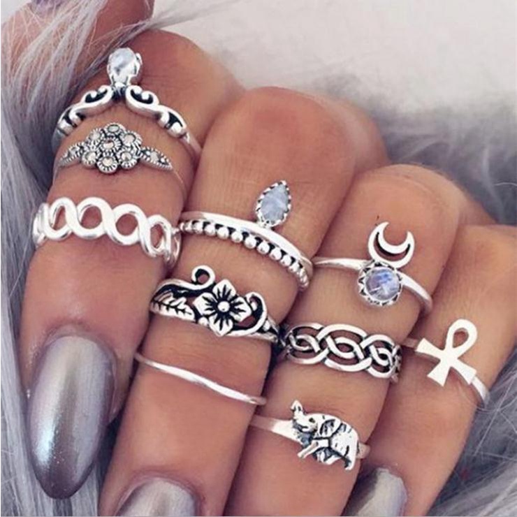 [ACKER] 10 Pcs/set Retro Gajah Bunga Bulan Midi Rings Set Untuk Wanita