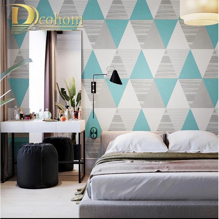 Wallpaper Sticker Dinding Motif Segitiga Biru Abu Ukuran 45cm x 10m