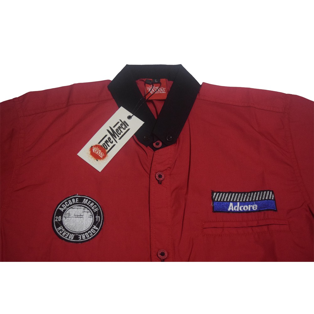 KEMEJA PRIA WORKSHIRT DISTRO ADCORE MERCH ORIGINAL BAJU ATASAN LENGAN PENDEK MERAH KOMBINASI HITAM