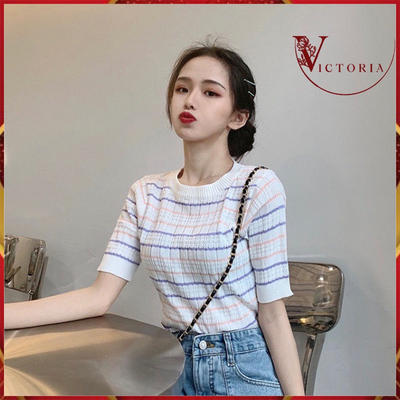 Victoria Baju Rajut Wanita model Kaos Import Lengan Pendek 4049