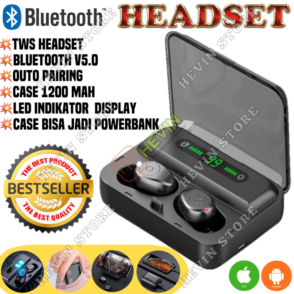 TWS F9 WIRELESS HEADSET BLUETHOOTH V5.0 HiFi SOUND STEREO-HITAM