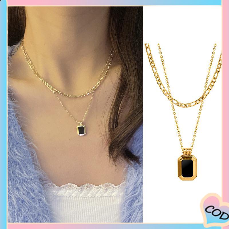 COD❤️Kalung Rantai Temperamen Wanita Korean Fashion Sederhana Klavikula Kalung Berlapis Ganda Liontin Warna Hitam-A.one