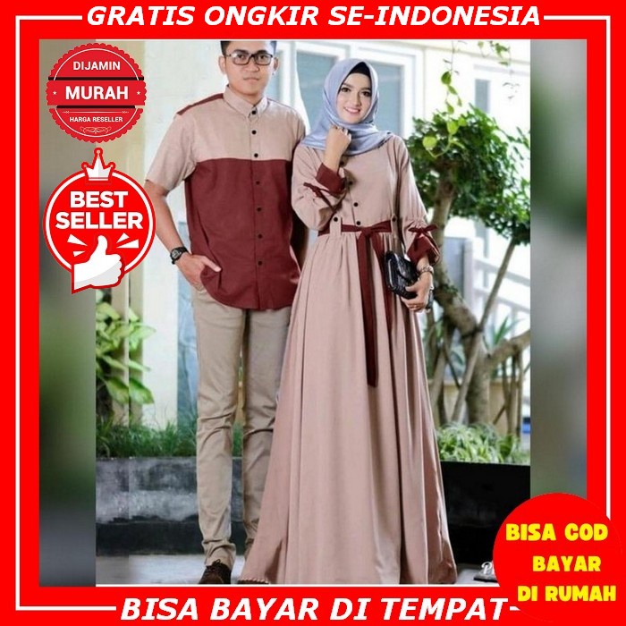 Premium Gamis Couple Lebaran Mewah Pesta Pasangan Gamis Sarimbit Keluarga Suami Istri Free Jilbab / 