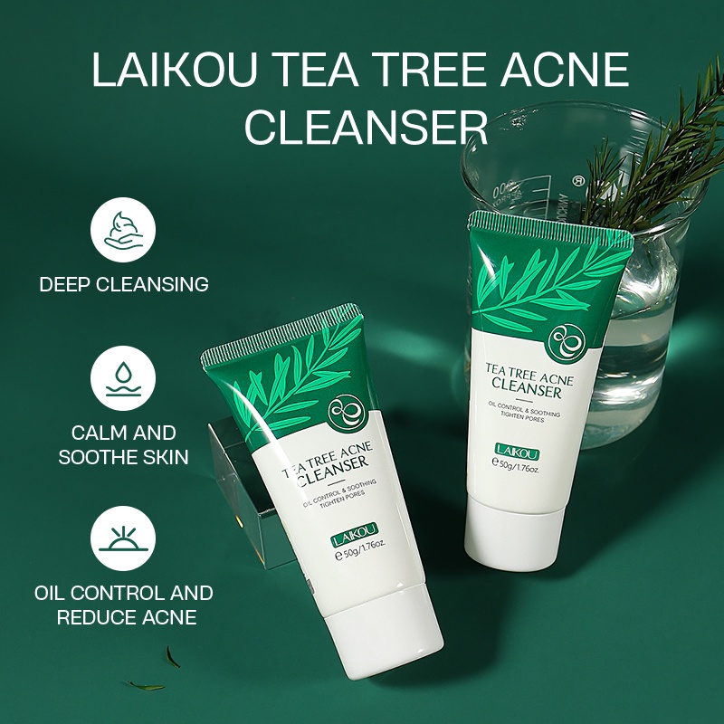 LAIKOU Tea Tree Pembersih Jerawat Mengontrol Minyak Pembersih Wajah Menghilangkan Bekas Jerawat Jerawat 50g