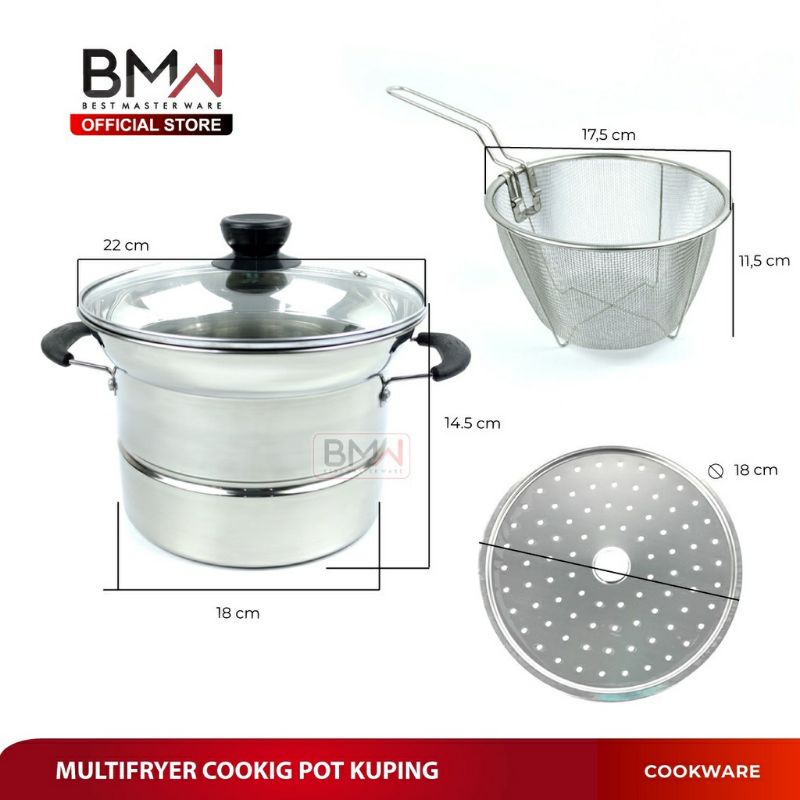 Diskon BMW Kitchen Ware perlengkapan dapur - Panci Set Kukus Goreng Rebus Deep Fryer 3 in 1 Kuping Panci Sup Korea Stainless