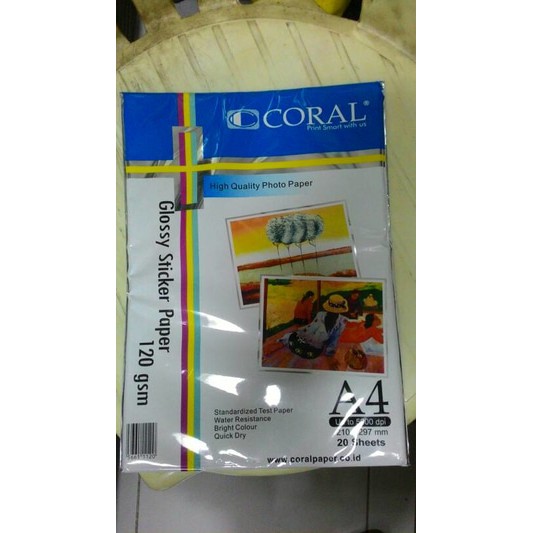 

Coral Glossy STICKER photo paper / Kertas photo Stiker A4 isi 20