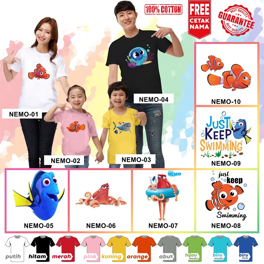 [FREE NAMA!!] Baju Kaos ANAK DAN DEWASA NEMO DORY BANYAK MOTIF