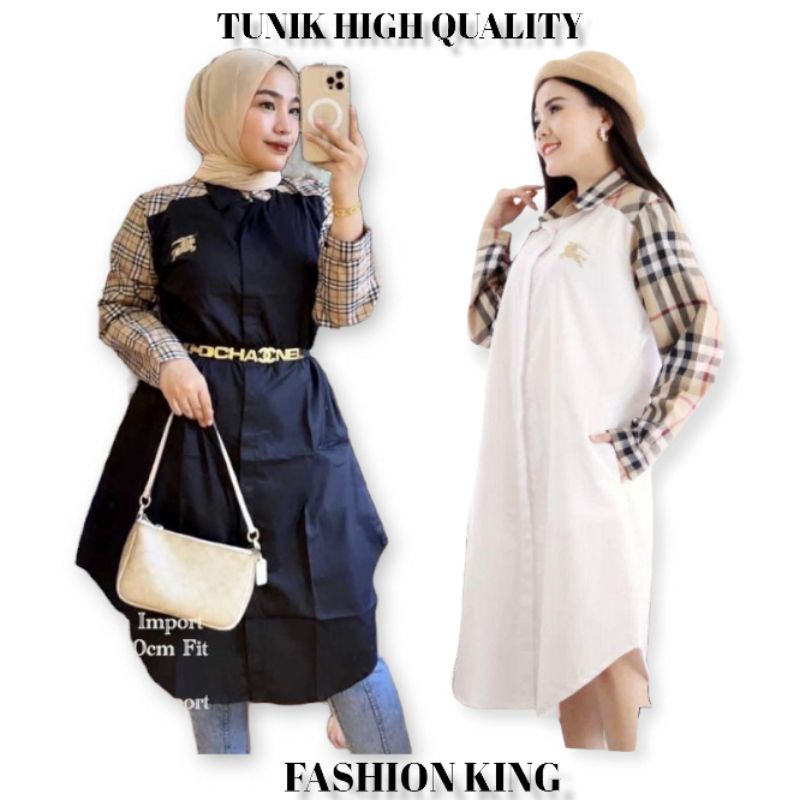 Tunik Wanita Polos Kombinasi Kotak-Kotak Dan Salur Lengan Panjang Logo PL Dan BB Bahan Katun By Fash