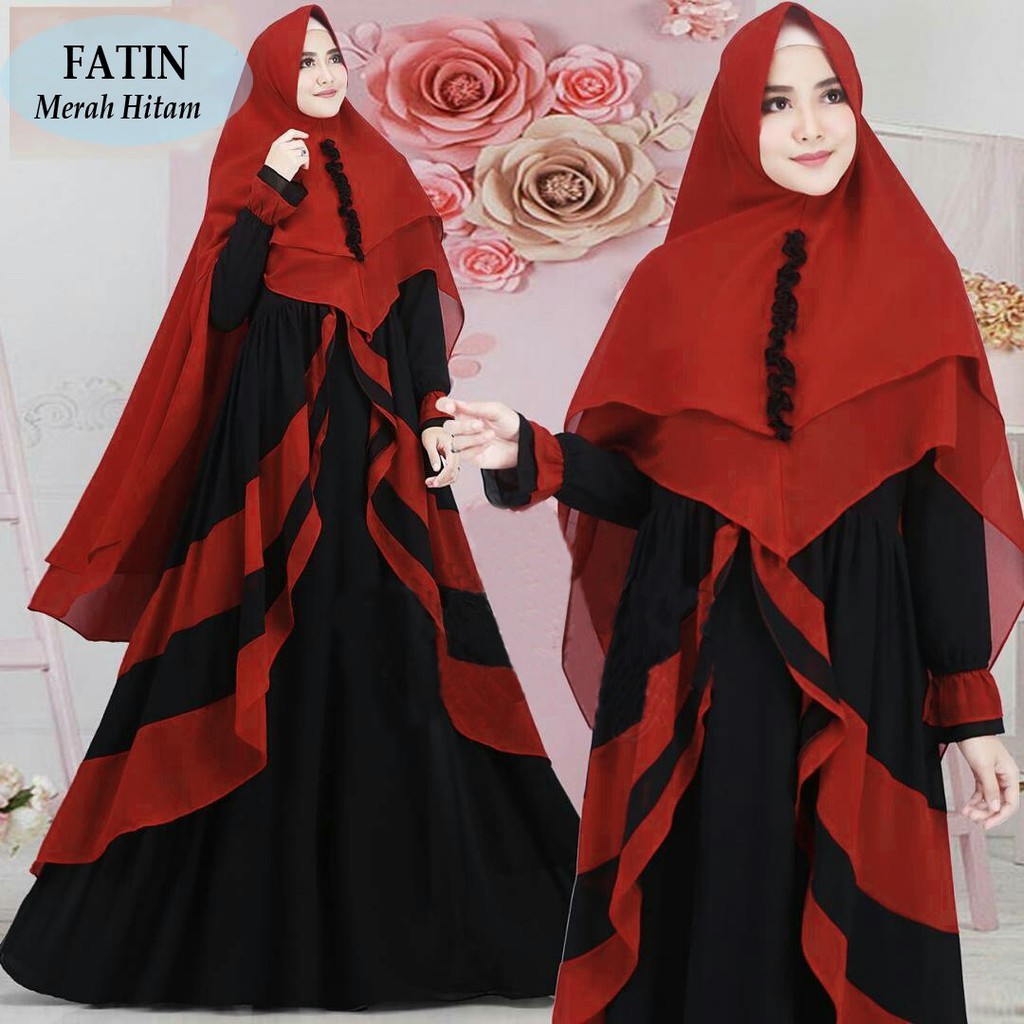 Gambar Baju Gamis  Hitam  Kombinasi  Merah  Voal Motif