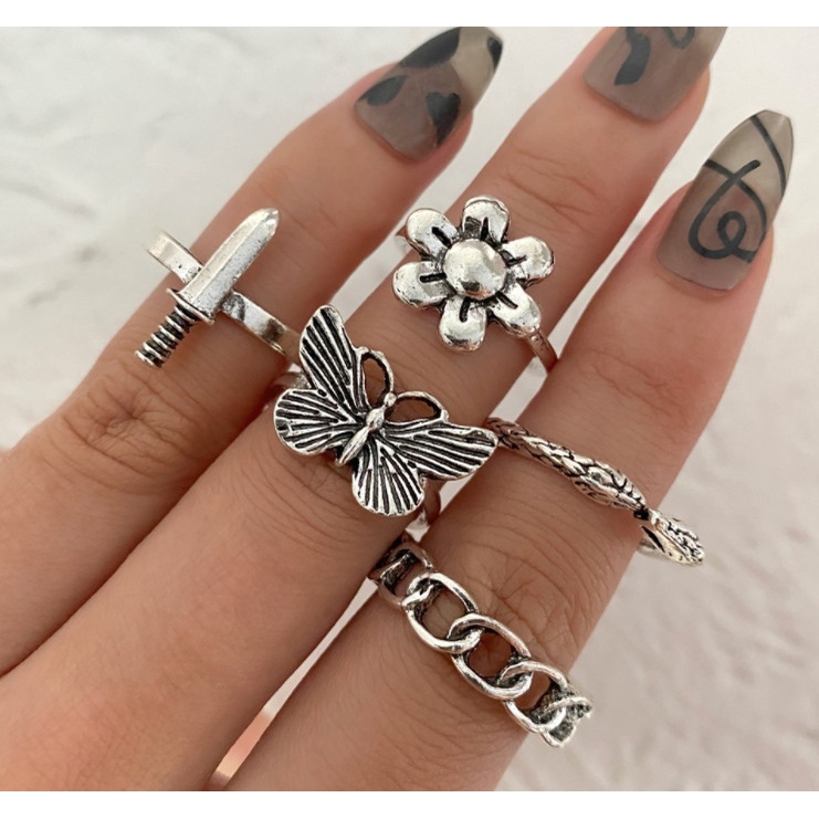 5Pcs/set New Retro Creative Simple Ladies Jewelry Dark Atmosphere Butterfly Dagger Snake Rings