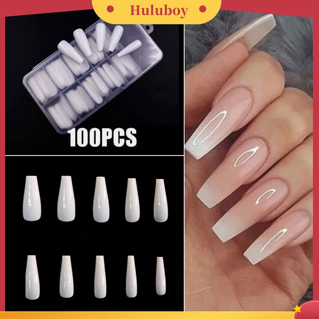Huluboy Huluboy♡ 100pcs Kuku Palsu Full Cover Natural Dengan Kotak Untuk Wanita