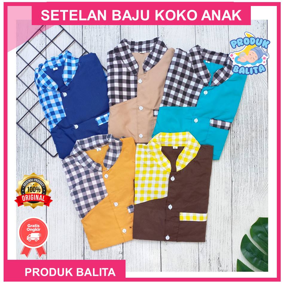 Setelan Baju Muslim Anak Laki-laki Usia 5-8 Tahun Set Pakaian Anak Laki-laki Murah Setelan Koko Anak Motif Kotak-kotak Terlaris