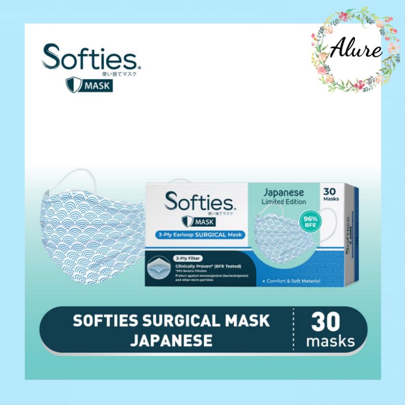 Softies Daily Surgical Mask 30 Mask Special Design Motif Japanese Wave warna biru.