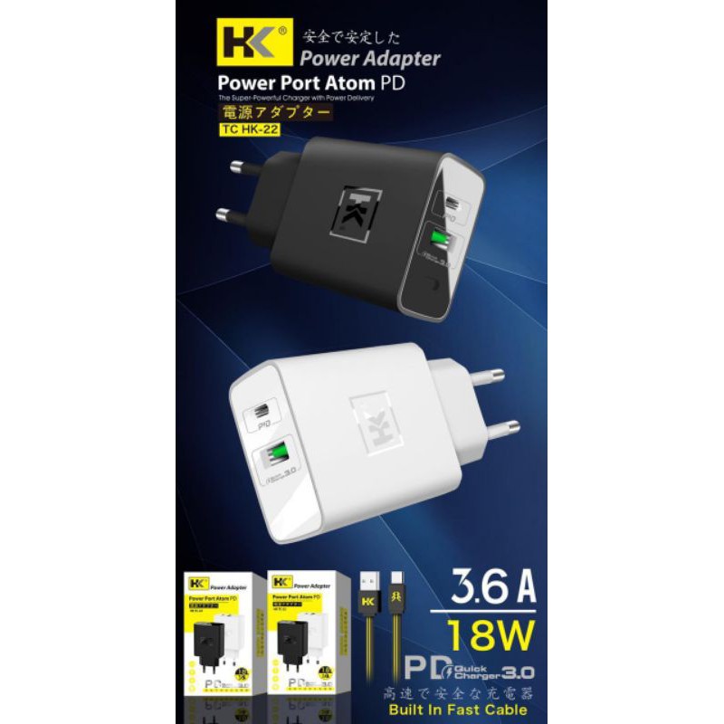 Charger HK Quick Charger QC3.0/4.0 Type-C+USB 18W PD 3.6A Power port Atom PD + kabel micro USB/USB C