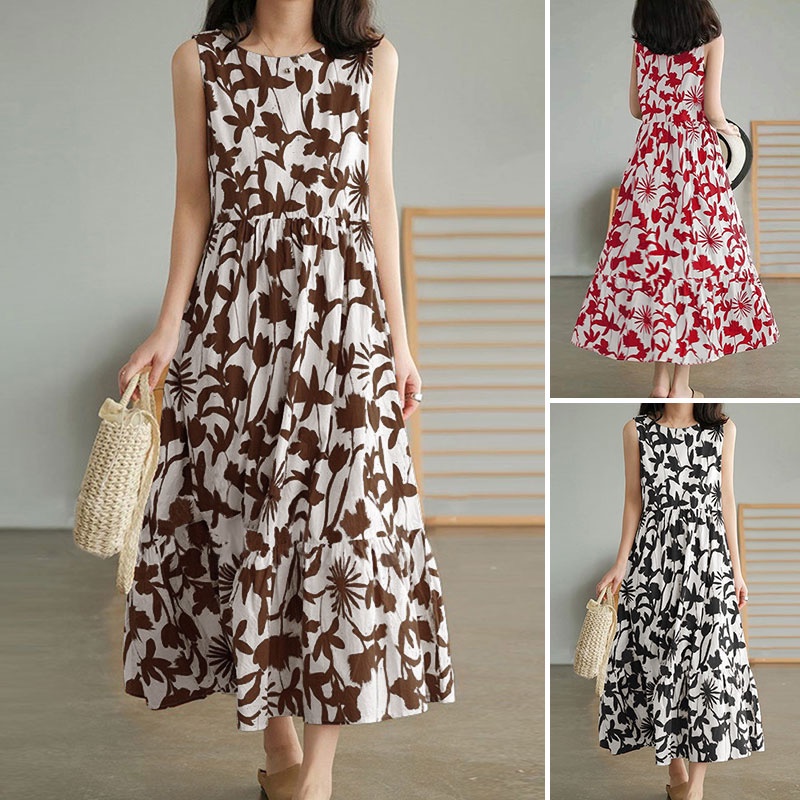 ZANZEA Women Fashion Crew Neck Sleeveless Flowers Printed  Swing Casual Midi Dress