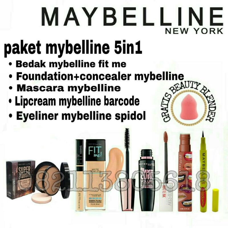 PAKET MAKE UP MAYBELLINE 5IN1 FREE SPONS TELUR [BDk HTM.MASKARA.EYELiNER.FOUNDATION+CONSELER.LIPCREAM]