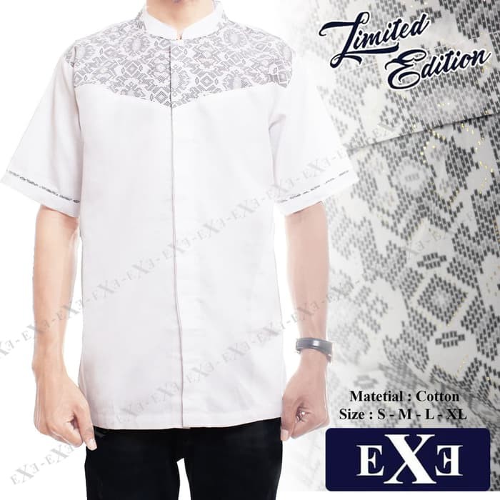 Fashion Muslim - Atasan - Baju Koko Kemeja Koko Pria Exe Lengan Pendek - Hitam & Putih Kombinasi
