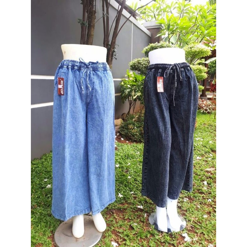 jeans kulot masa kini - all size - pinggang karet - bahan denim - tali depan