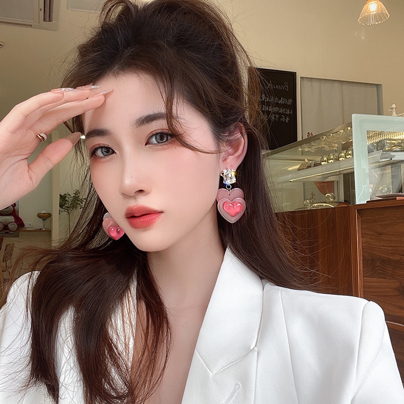 2022 Anting Tusuk Motif Hati Warna Pink Gradasi Untuk Wanita