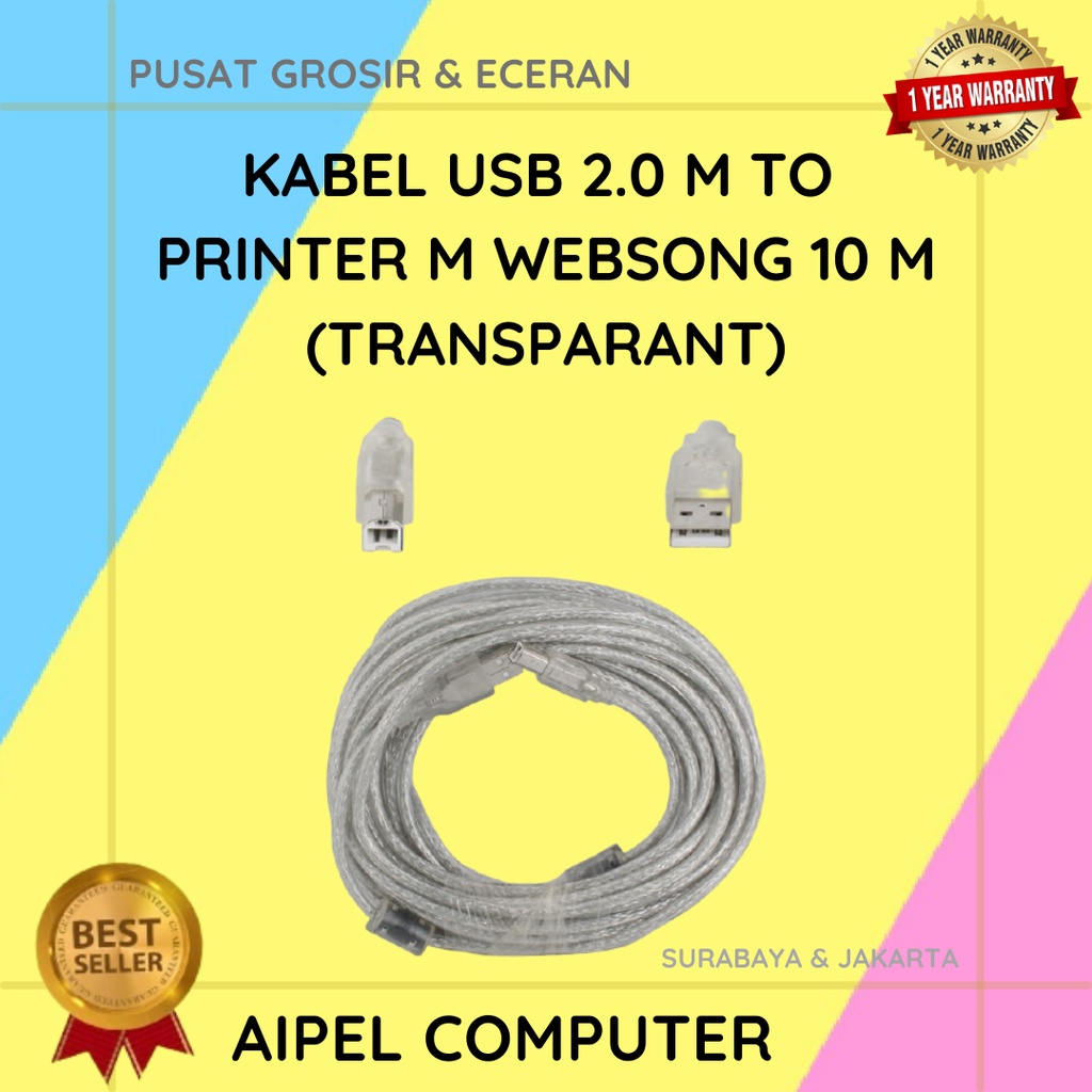 ABW10 | KABEL USB 2.0 MALE TO PRINTER MALE WEBSONG 10 M (TRANSPARANT)