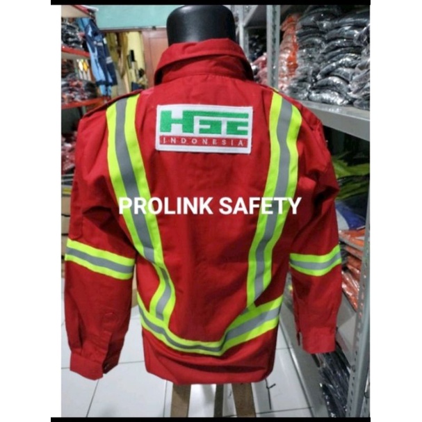 SERAGAM SAFETY MERAH HSE ATASAN KANCING DAN RESLETING FULL LOGO EMBLEM