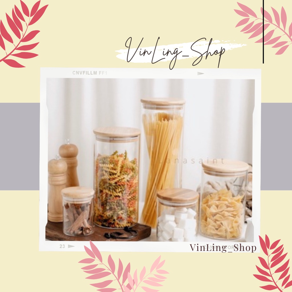 Glass bamboo jar toples set kaca kue kering lebaran kedap udara mewah aesthetic tutup kayu bambu uni