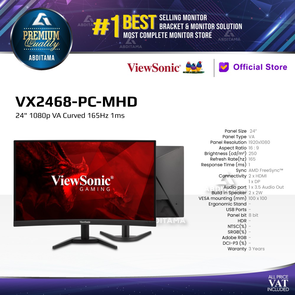 Monitor LED Viewsonic VX2468 VX2468-PC-MHD 1080p VA Curved 165Hz 1ms
