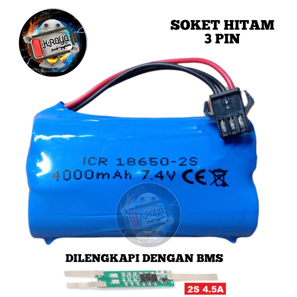 Baterai RC/ Baterai Speaker Bluetooth &amp; Elektronik Lainnya 2x 18650-2S 4000mAh 7.4V Protektor BMS 4.5A Soket Hitam 3 PIN