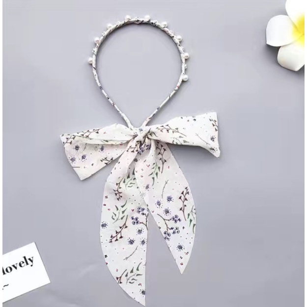 Bando Bandana Korea Wanita / Headband Ikat Pita Bunga Mutiara Goh