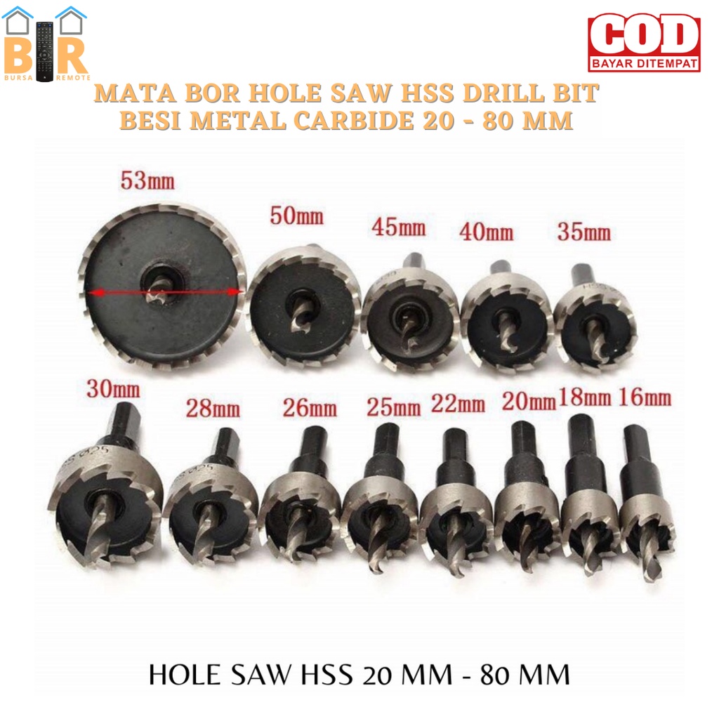 Mata Bor Hole SAW HSS Drill Bit Besi Metal Carbide 20 - 80mm