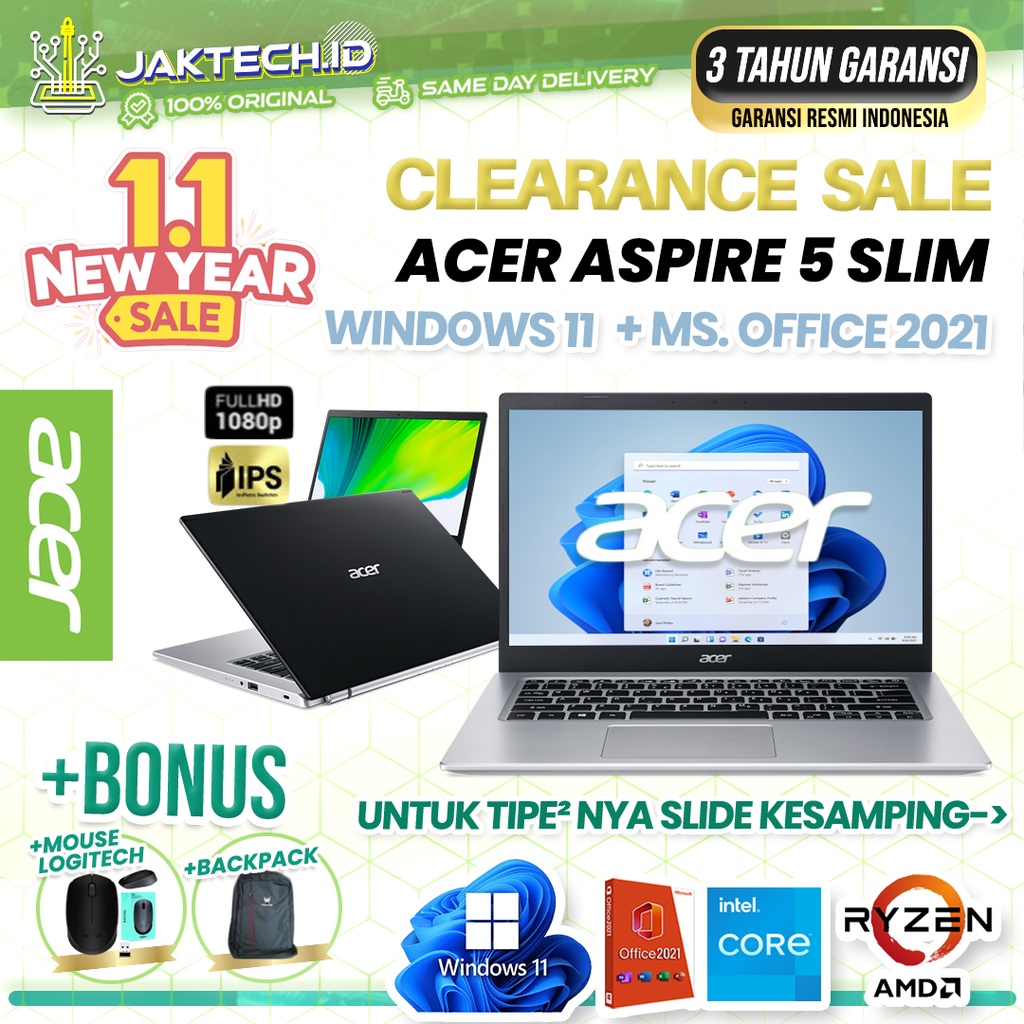 Acer Aspire 5 Slim A514-54G/A515-54/55 Intel Core i3 i5 i7/AMD RYZEN 3/5 4/8GB 512GB SSD W11 + OHS 2021 ORIGINAL GARANSI 3 TAHUN