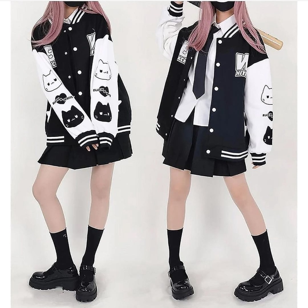 Sweater Wanita BLACK WHITE BASEBALL OVERSIZE | Jaket Basebal Wanita Lucu Oversize | Size M.L.XL Sweatshirt Style Korean