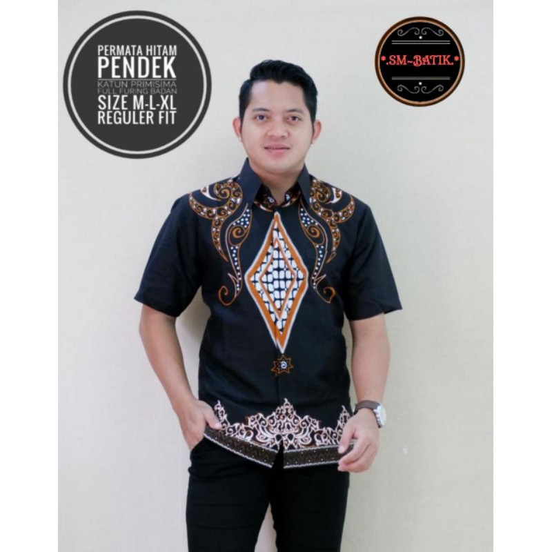KEMEJA PRIA BATIK PEKSI KUNING BATIK PRIA FURING LENGAN PENDEK PERMATA HITAM