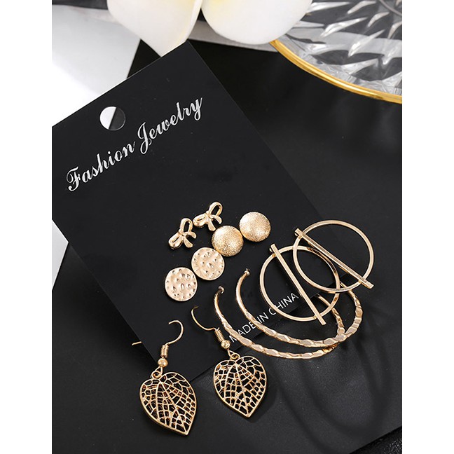 LRC Anting Set Fashion Gold Pearl Leaf Geometric Earring Set F88400