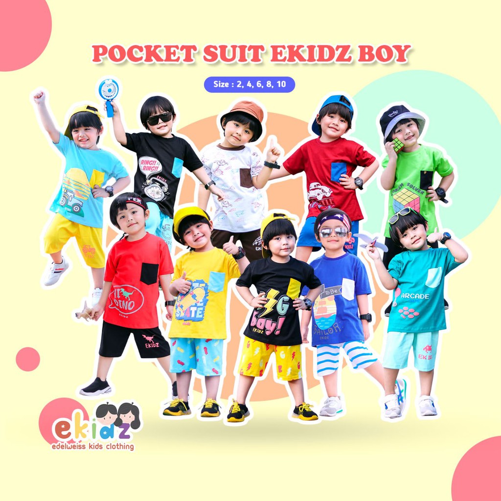 Setelan Baju Kaos Anak Laki-laki aplikasi POCKET Lengan Pendek dan Celana Pendek dari EKIDZ