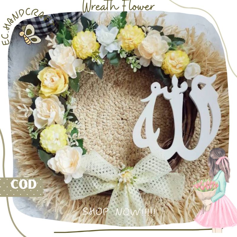 Hiasan Dinding Wreath Flower Akar Tulisan Allah  ( 1 pcs) Tulisan Homedecor