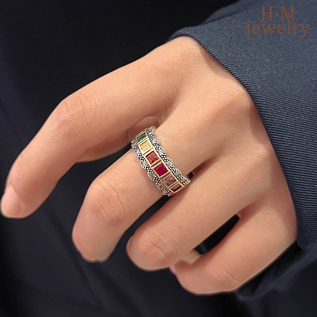 Cincin Model Terbuka Bahan Sterling Silver 925 Desain Renda Warna Pelangi Gaya Vintage Untuk Wanita