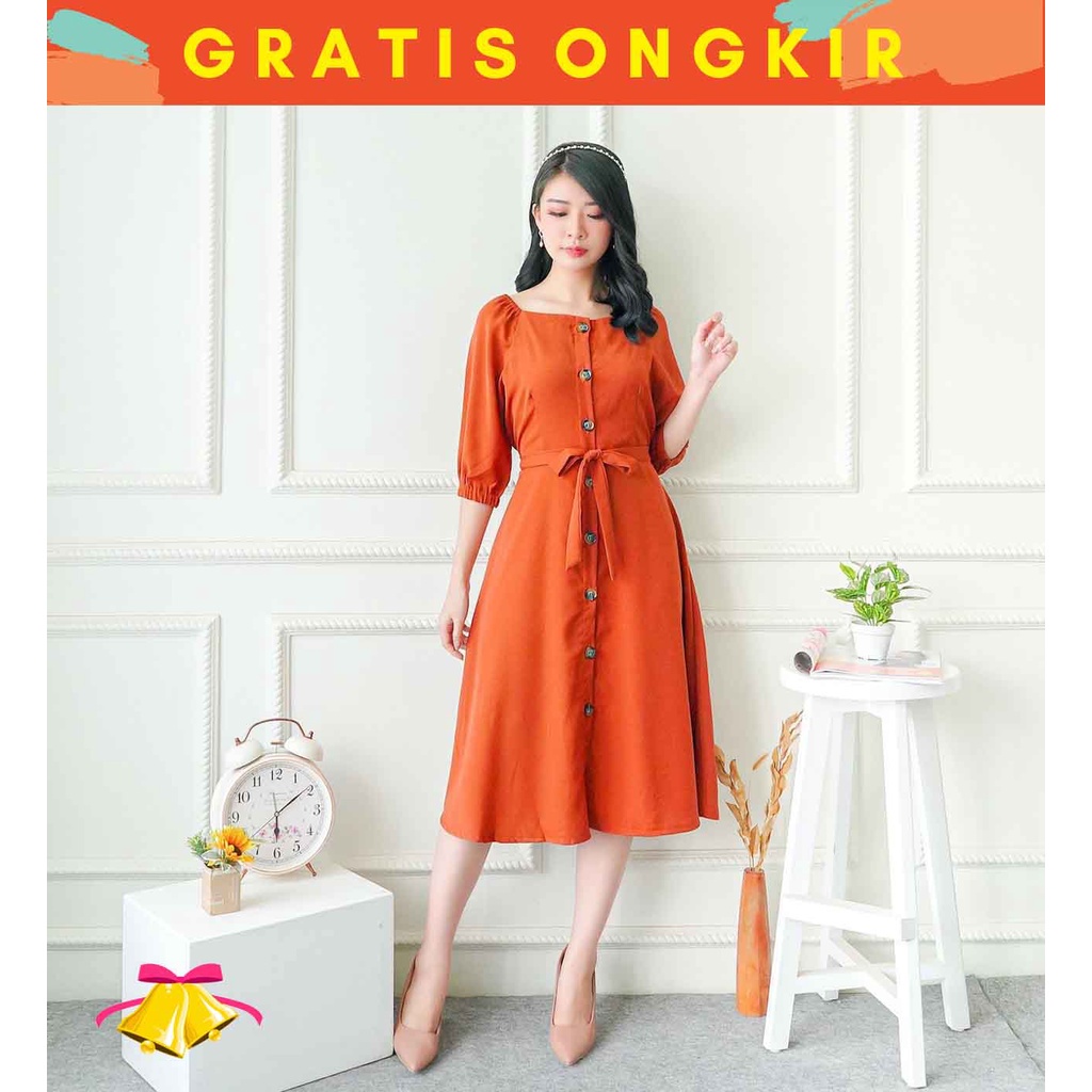 MELCHAN SETELAN  COTTONBELLS CASUAL DRESS WANITA EMILY BUTTON PLAID SQUARE MIDI (CV - D 4068)