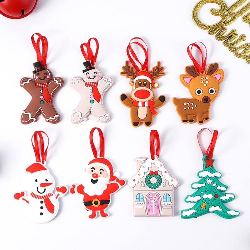 8pcs Ornamen Gantung Desain Kartun Santa Elk Mini Bahan PVC Untuk Dekorasi Pohon Natal Charms