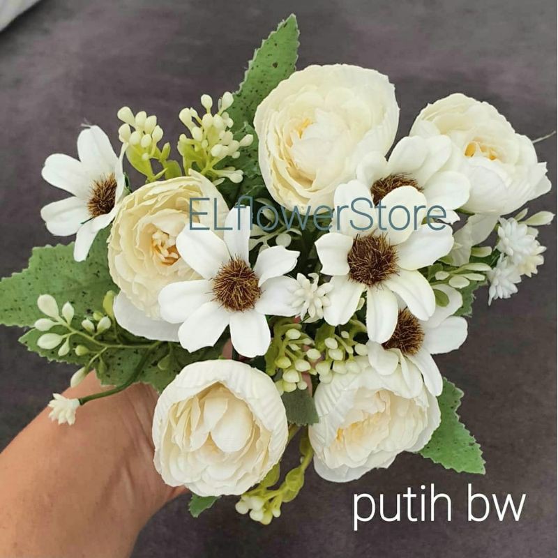 PEONY 5 kuntum + aster 5 kuntum + 5 babybreath BUNGA ARTIFICIAL PALSU Dekorasi-2