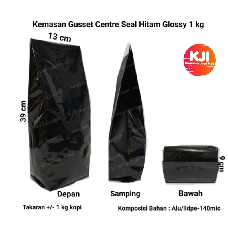 Kemasan Gusset Centre Seal Hitam Glossy 1 kg.kemasan kopi.gusset.standing pouch.flat bottom