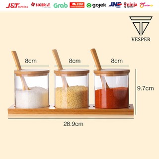 toples kaca tempat  bumbu  dapur  3pcs set tutup bambu  