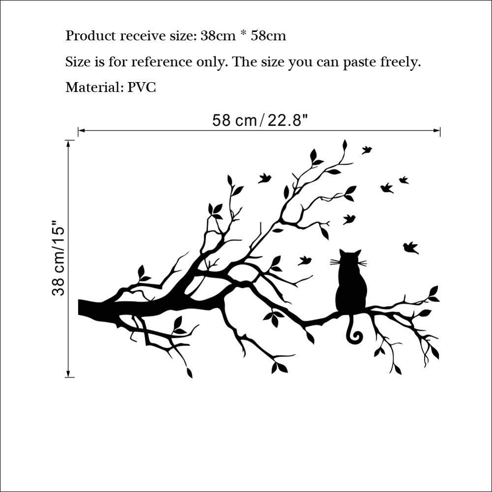 Stiker Dinding Bahan PVC Motif Kucing Di Ranting Pohon Untuk Dekorasi Kamar Tidur