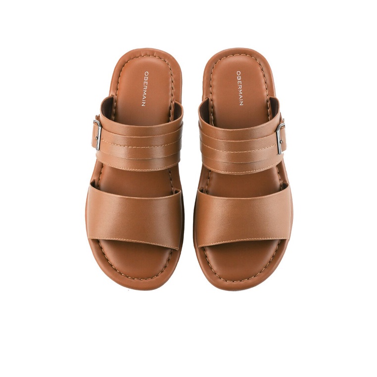 SANDAL SLIDE KULIT OBERMAIN PRIA ORIGINAL CASUAL BRANDED COKLAT OM12