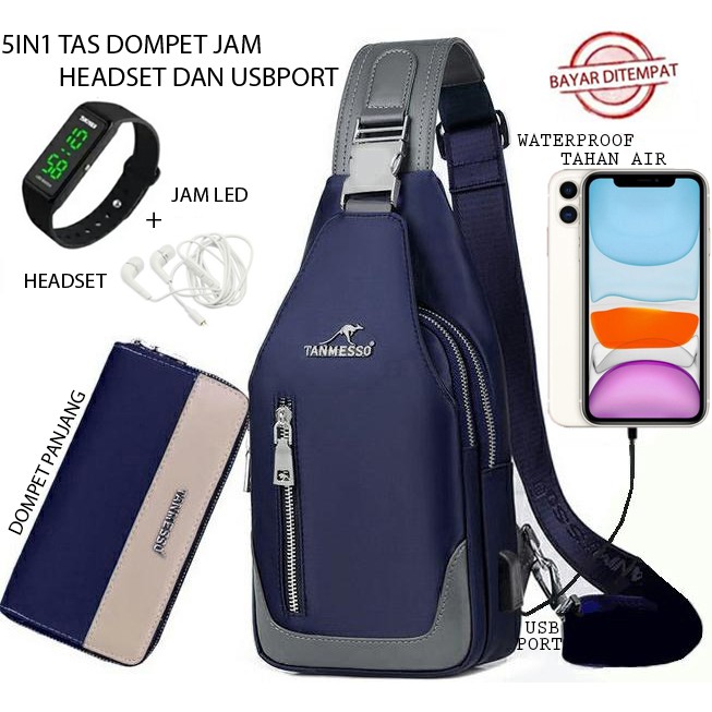 TANMESSO 5in1 BAYAR DITEMPAT- JAM LED -HEADSET- DOMPET -USBPORT -TAS WATERPROOF-BAHAN INTERPILAR SENDIRI LEMBUT DAN TEBAL MENGANDUNG 70%COTTON BUKAN PARASUT ATAU KANVAS SEPERTI YANG BEREDAR DIPASARAN-TAS SELEMPANG PRIA-SLING BAG PRIA