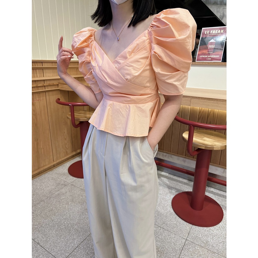 #Sisjuly # Wanita Baru Gaun Musim Panas Perancis Retro Romantis Cross V-Neck Lengan Puff Ruffle Slim