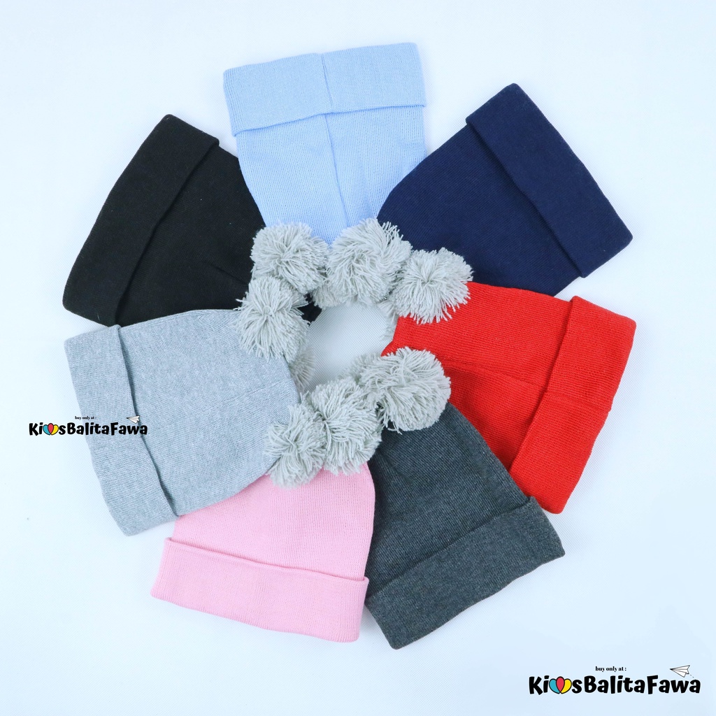 Kupluk Bayi Pom Pom Rajut /  Topi Baby Laki Laki Hair Murah Wool Polos Aksesoris Anak