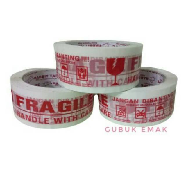 

Lakban FRAGILE PUTIH 100 YARD Tebal Isolasi Selotip Plester Packing Paket Jangan Dibanting 50 Yard