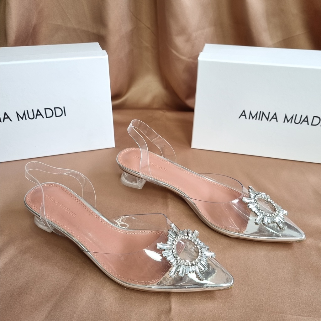 SEPATU AMINA MUADDI WANITA BEGUM CRYSTAL GLASS SLING HEELS TRANSPARAN PVS