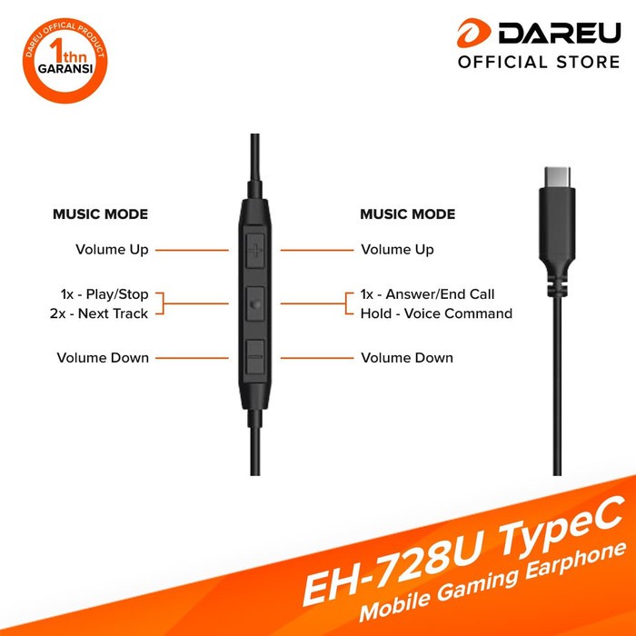 DAREU EH-728 Type C Gaming Earphone Stereo Bass